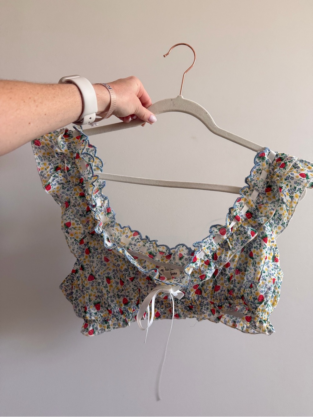 For Love & Lemons White Floral Ruffle Crop Top with Blue Trim